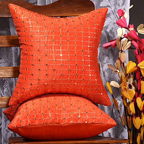 Image of Orange Embroidered 20x20 Cushion Cover Set of 2, Couch Pillow Cover with Mirror Embroidery
