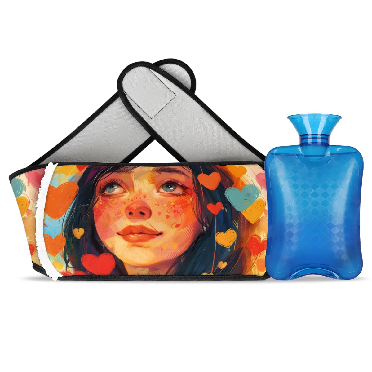 Hot Water Bag with Waist Cover Heart Color Women Warm Hot Water Bottle Belt Plush Double Hand Insert Wearable Water Bag Detachable Hot Bottle Pouch for Neck Shoulder Pain Relief