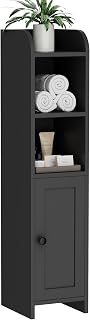 Homhedy Slim Corner Bathroom Floor Cabinet - Narrow Toilet Paper Storage with Door, Shelves & Brush Holder, 7.9x7.1x31in Black