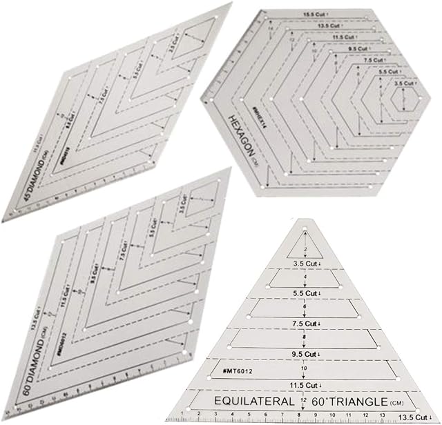 4Pcs Quilting Ruler, with 60 Degree Triangle and Diamond, 45 Degree Diamond, Hexagon Shape Templates, Transparent Patchwork Sewing Cutting Craft Ruler DIY Tools