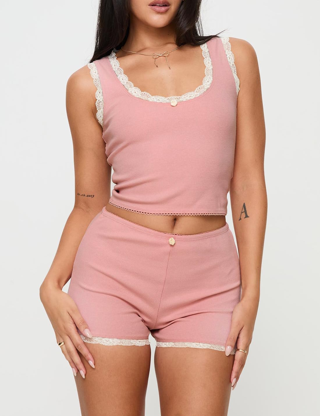 Supersun Pajama Sets For Women 2 Piece Ribbed Tank Top With Lace Trim High-rise Shorts Scooped Neckline Cute Pajamas Sleep Sets Wine Red, Medium: Pink Medium