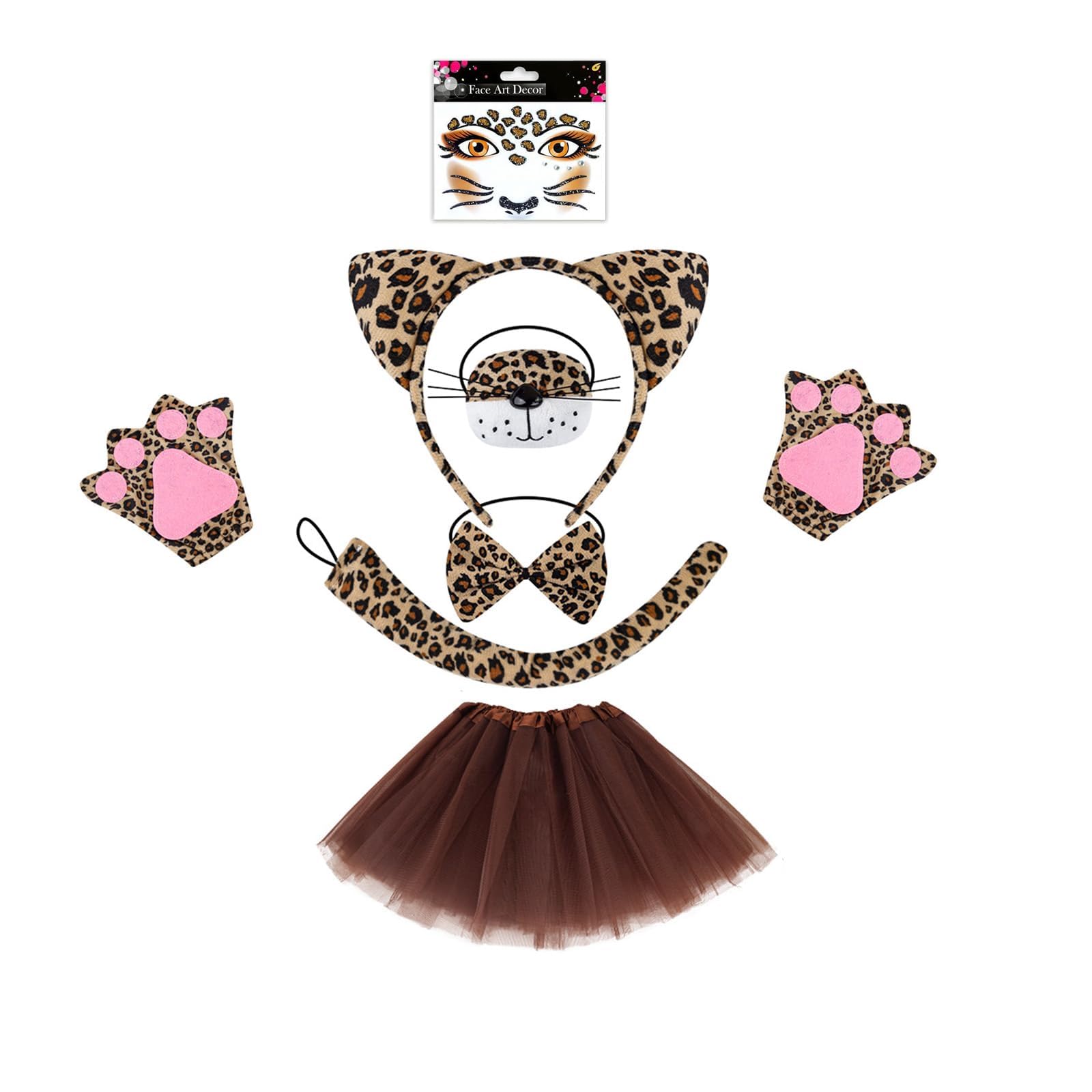 YEVON 7pcs Kid Leopard Costume Set – Leopard Fancy Dress Outfit with Ears Headband Bow Tie Tail Tutu Skirt Paw Gloves Face Stickers for Halloween Carnival Party Dress Up
