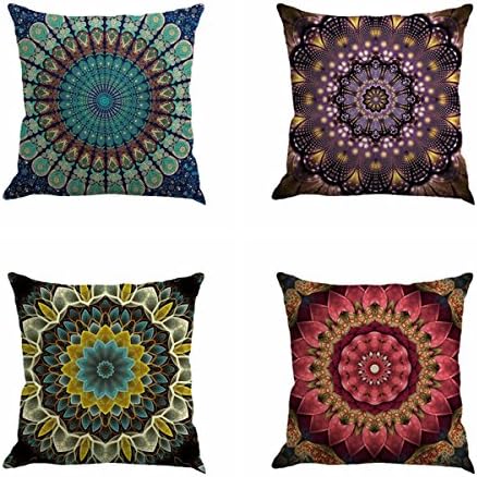 Jartinle Set of 4 Retro Floral Mandala Compass Medallion Bohemian Pillow Covers Boho Decor Hippie Throw Pillows Decorative for Sofa Couch 18 x 18