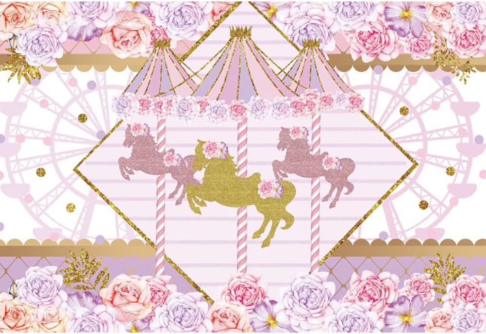 5x3ft Cartoon Amusement Park Backdrop for Photography Sweet Pink Floral Flowers Ferris Wheel Circus Background Kids Party Carnival Carousel Girls 1st Birthday Party Banner Photobooth Props