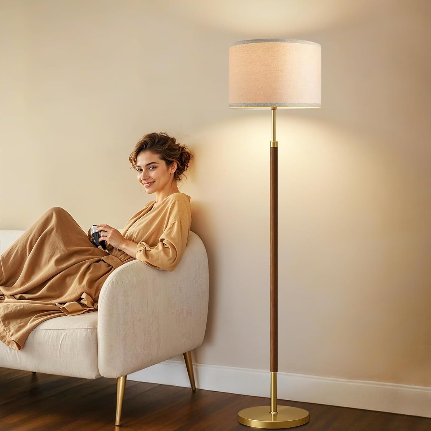 Wood Floor Lamps for Living Room Farmhouse Floor Lamp with Remote Control,Dimmable Vintage Floor Lamp Mid Century Modern Standing Lamp with 3 Color Temperature Tall Floor Lamps For Bedroom Corner