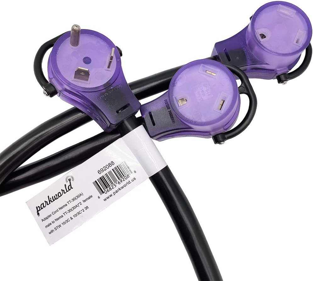 Parkworld 692088T RV 30 AMP Splitter, TT-30P to (2) TT-30R (Black with neon-Light in Ends) Y Adapter Cord