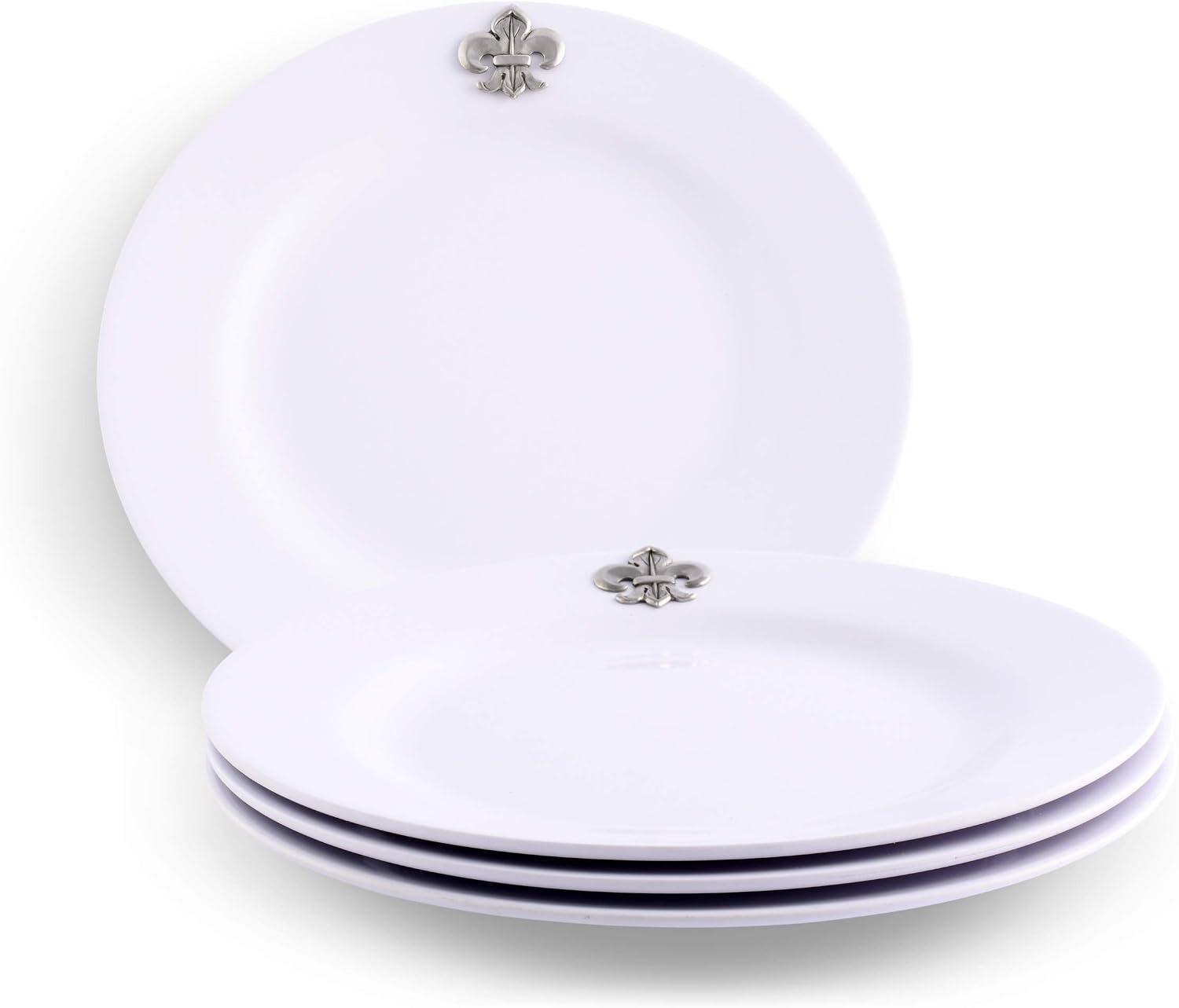 Arthur Court 4-Piece Pewter Fleur de lis on Heavyweight and Durable Melamine Plate, for Indoors Outdoors Use, Party and Everyday Use - French Décor Tableware Dinnerware 10 inch Diameter