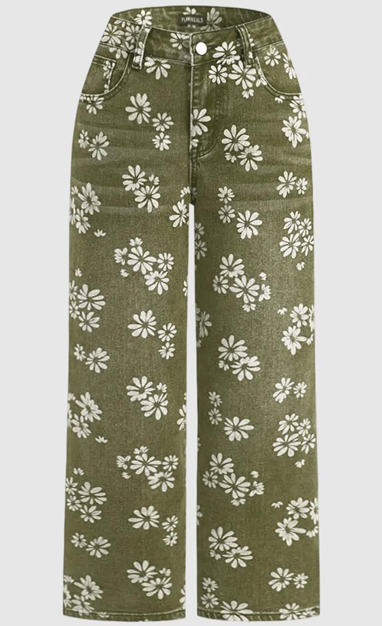 ebossy Women's Cute Floral Print Barrel Jeans High Waist Baggy Wide Leg Western Boyfriend Crop Denim Ankle Pants