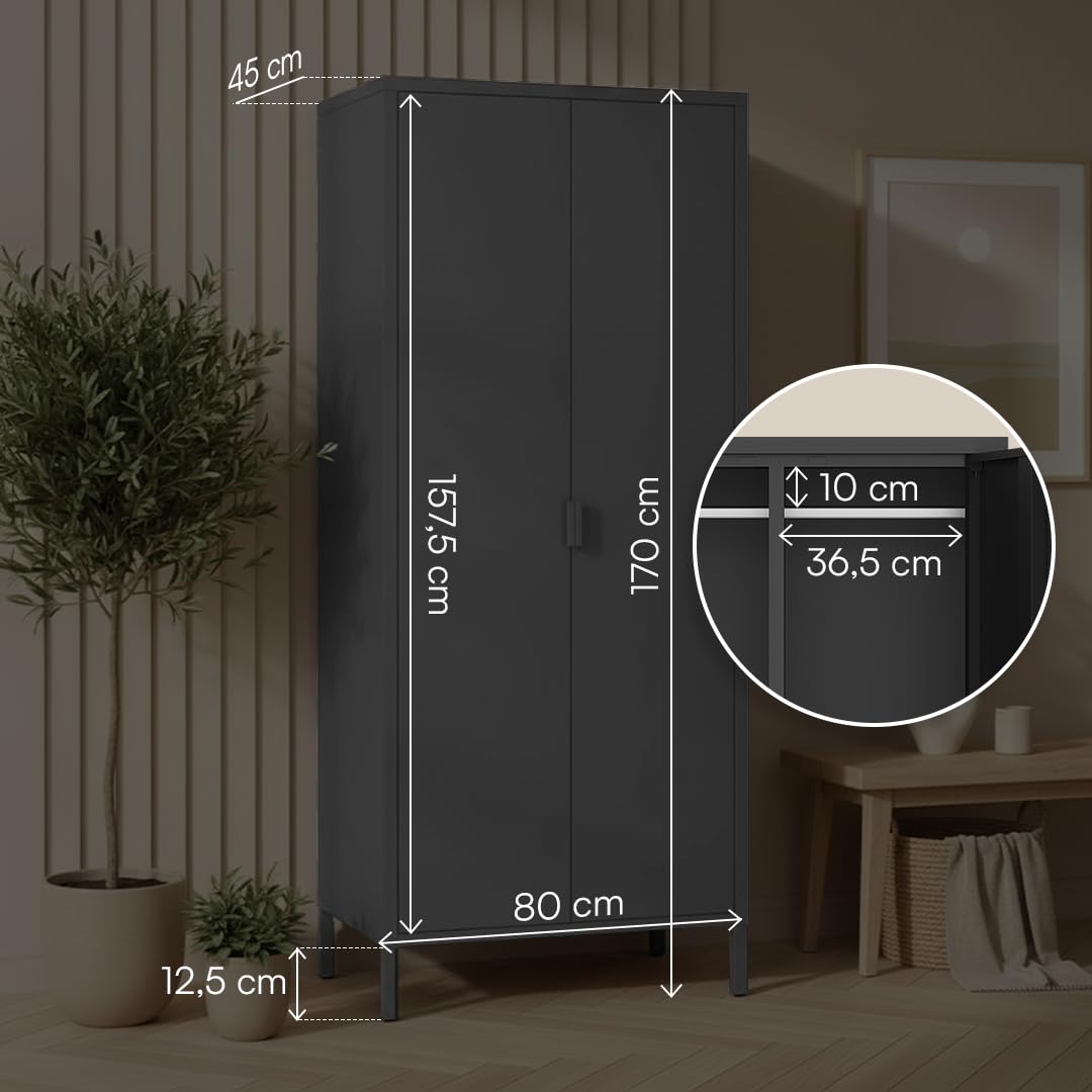 skølm Ituri Metallschrank Schwarz – Kleiderschrank mit 6 Fächern & 2 Kleiderstangen – Garderobenschrank Flur 80 cm breit – Schlafzimmerschrank Industrial Style – Stahlschrank für Wohnzimmer & Büro