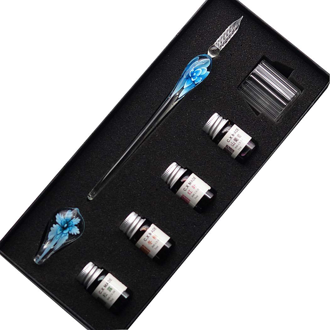 SIPLIV Crystal Glass Intarsia Dip Pen Fountain Pen Kit Vintage Calligraphy Signatures Pen with 4 Colors Ink, Pen Holder, Cleaning Cup, Light blue