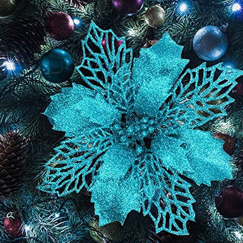 KOILLUXU Artificial Lake Blue Christmas Flowers 24pcs Glitter Fake Poinsettia Flowers Christmas Tree New Year Ornaments Flower Decorations 6" DIY Wreath Accessories Wedding Xmas Garland Décor