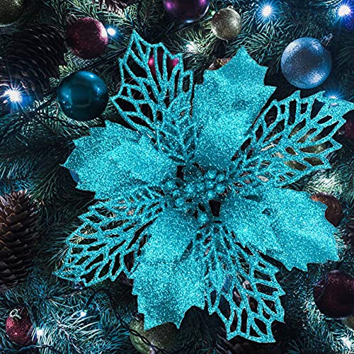 Koilluxu Artificial Lake Blue Christmas Flowers 24Pcs Glitter Fake Poinsettia Flowers Christmas Tree New Year Ornaments Flower Decorations 6" Diy Wreath Accessories Wedding Xmas Garland Décor #TOP13