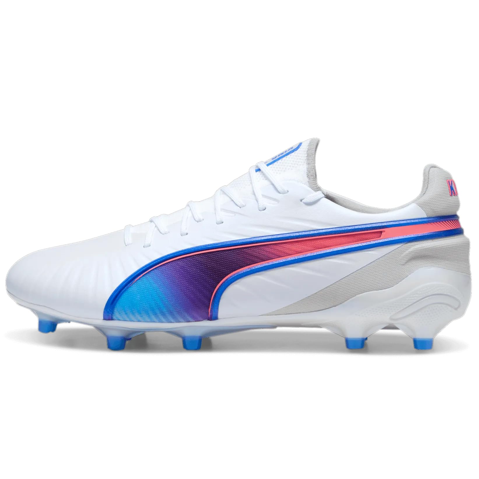 Puma King Ultimate Firm Ground Cleats - Non-Animal-Based Upper Material, GripControl 3D, OrthoLite Memory Foam Padding, Ideal for Firm or Artificial Surfaces (White/Bluemazing/Flat Light Gray, US Footwear Size System, Adult, Men, Numeric, Medium, 9)