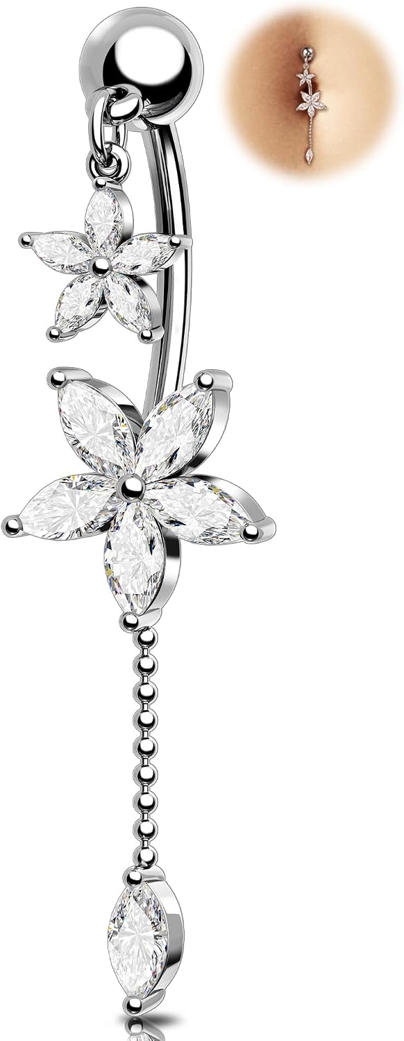 Melighting 14G Lotus Belly Button Ring, Dangle Belly Ring Surgical Steel 316L, Reverse Navel Piercing Jewelry, 10 mm Silver Flower Body Jewellery for Women
