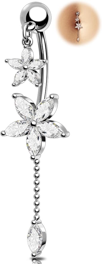 OUFER 14G 10 mm Dangle Belly Button Bar Flowers Clear CZ Stainless Steel 316L Belly Piercing Jewellery