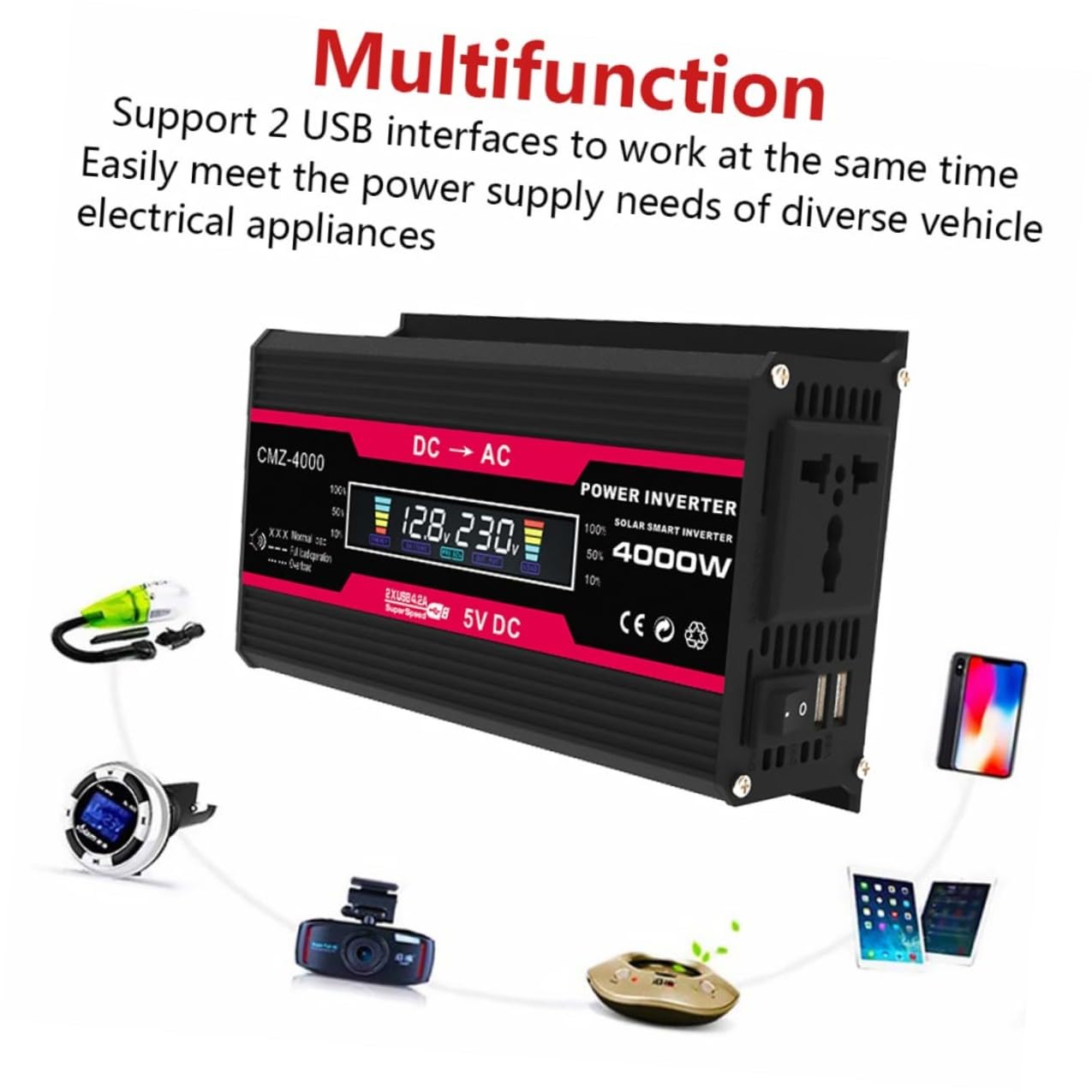TOYANDONA Convertitore Auto con Display Lcd Digitale Porte USB per Ricarica Rapida Alimentatore per Laptop e Tablet Kit Adattatore per Campeggio e Viaggi