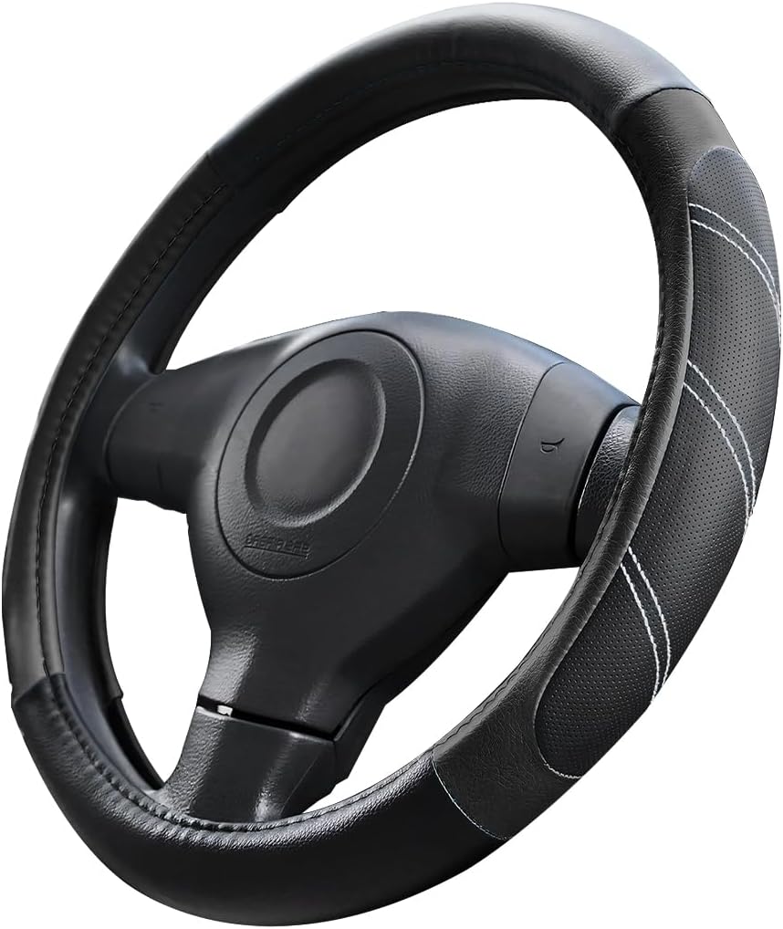 Car Steering Wheel Cover, 14.5-15" Soft Leather Stylish Steering Wheel Protector with Non-Slip Lining, Sporty Comfortable Auto Interior Decor Accessories, Universal Fit (Black)