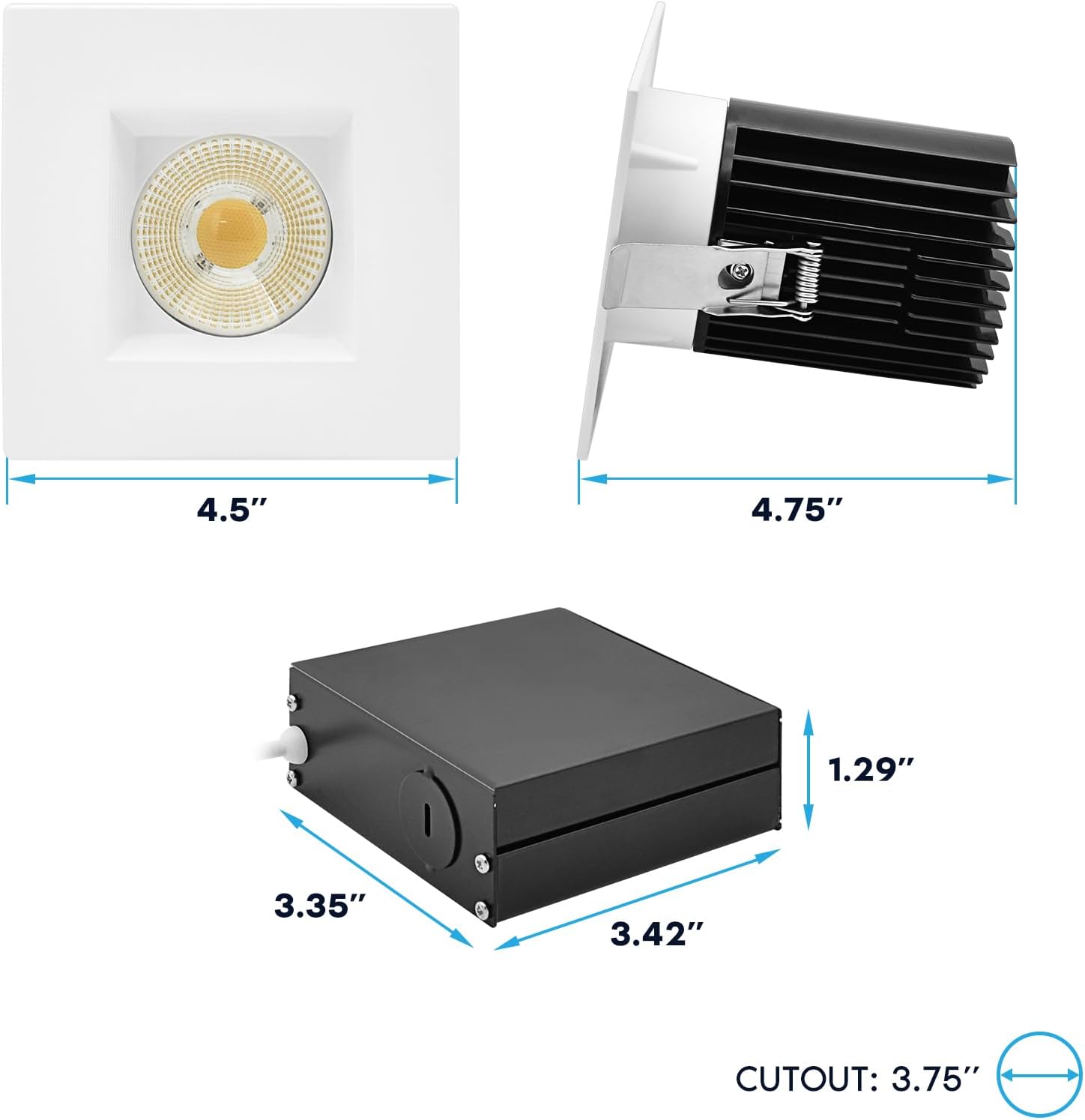 LUXRITE 4 Inch Recessed Light, Regressed Canless LED Spotlight, 5CCT 2700K-5000K, CRI90, 22W, 1700 Lumens High Output, 38º, Interchangeable Square White Baffled Trim, Dimmable, IC & Wet Rated (4 Pack)
