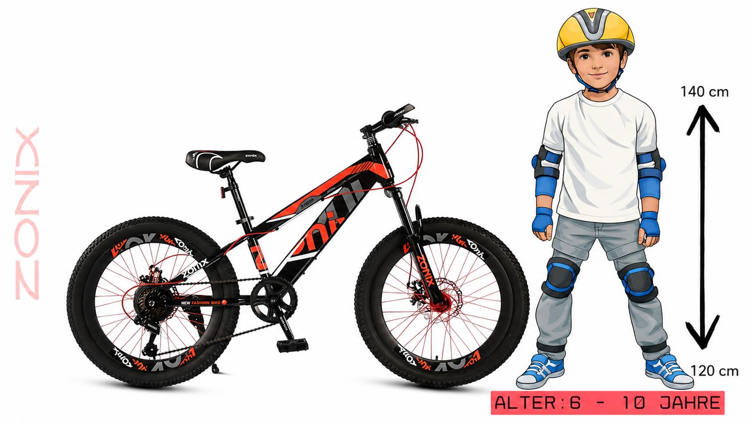 Zonix Kinderfahrrad 22 Zoll Mountainbike für Jungen und Mädchen von 6–10 Jahren – Shimano 7-Gang Schaltung, Doppelscheibenbremsen, gefedert, Rot
