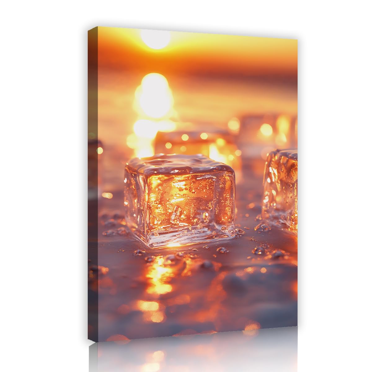 Via Vela Golden Sunset Ice Cubes Wall Art Canvas Poster Melting Clear Ice Block Photo Warm Sunbeam Bokeh Print Modern Abstract Picture for Living Room Kitchen Bar Decor 70x110cm