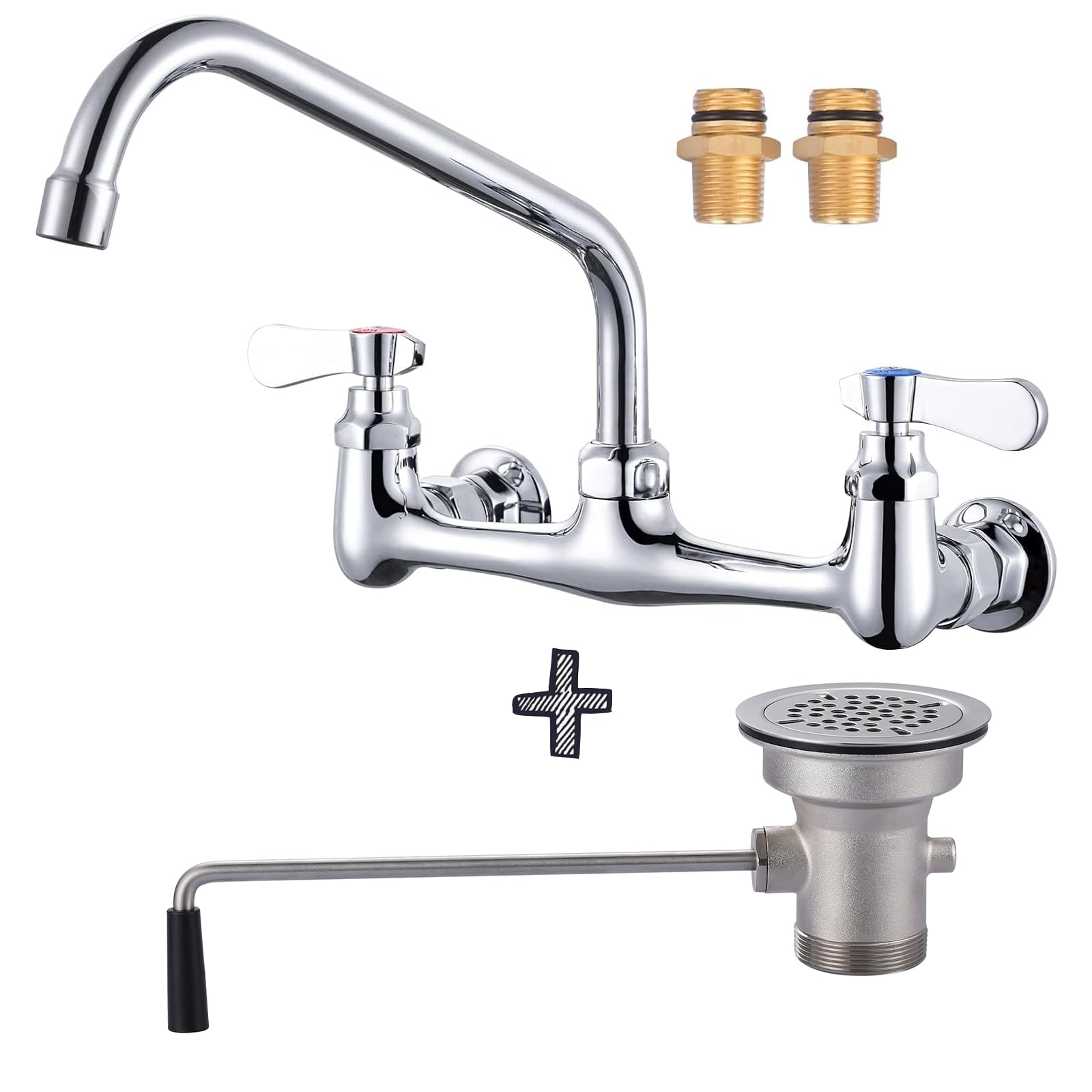 Sxithgkdw Commercial Sink Faucet With 10” Swivel Spout, 8" Center Wall Mount Kitchen Faucet & Commercial Sink Drain