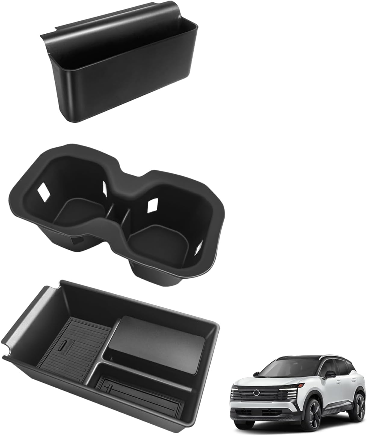 Muslogy Center Console Organizer & Cup Holder Insert 2PCS Set Compatible with 2025 2026 Nissan Kicks Accessories Armrest Box Divider Storage Tray and Drink Stopper Non-Slip (Console Tray & CupHolder)