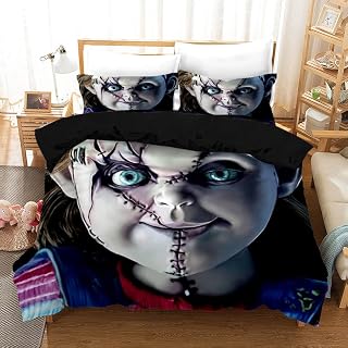 PTNQAZ Puppet Horror Doll Bedding Set 3D Printed Duvet Covers Sets With Pillowcases Child of Play Moive Character Chucky Doll Bed Linen Quilt Covers (Double,2)