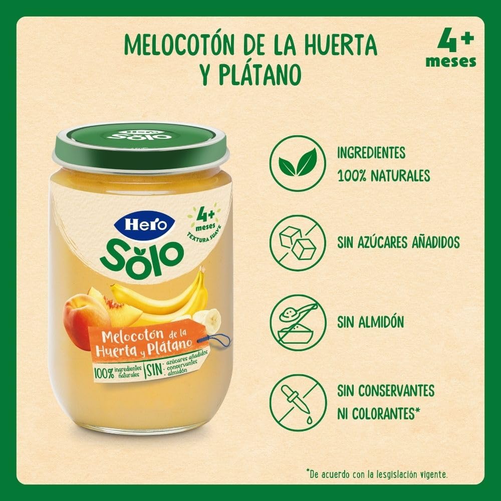 Hero Baby Tarritos de Melocotón y Plátano 190g para bebés desde 4 meses