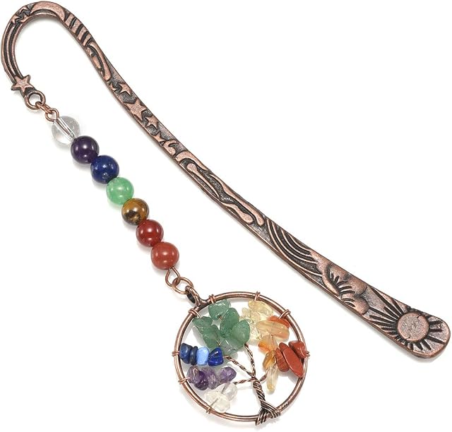 JSDDE Vintage Metal Bookmark Reiki Healing 7 Chakra Crystal Gemstone Tree of Life Pendant Charm Book Marker for Women Teachers Readers Christmas Gifts