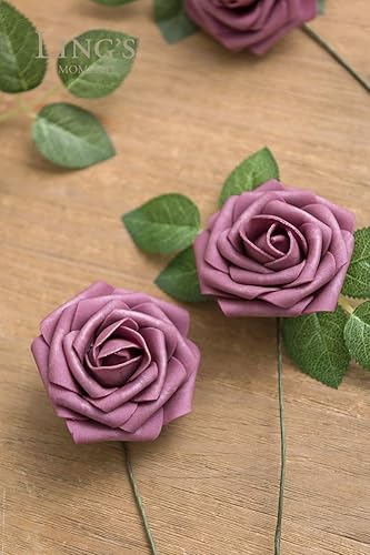 Miniatura 2 de Ling's Moment - Rosas artificiales, 25 unidades, rosas malva realistas con tallo para bricolaje, centros de mesa de boda, ramos, arreglos de flores,