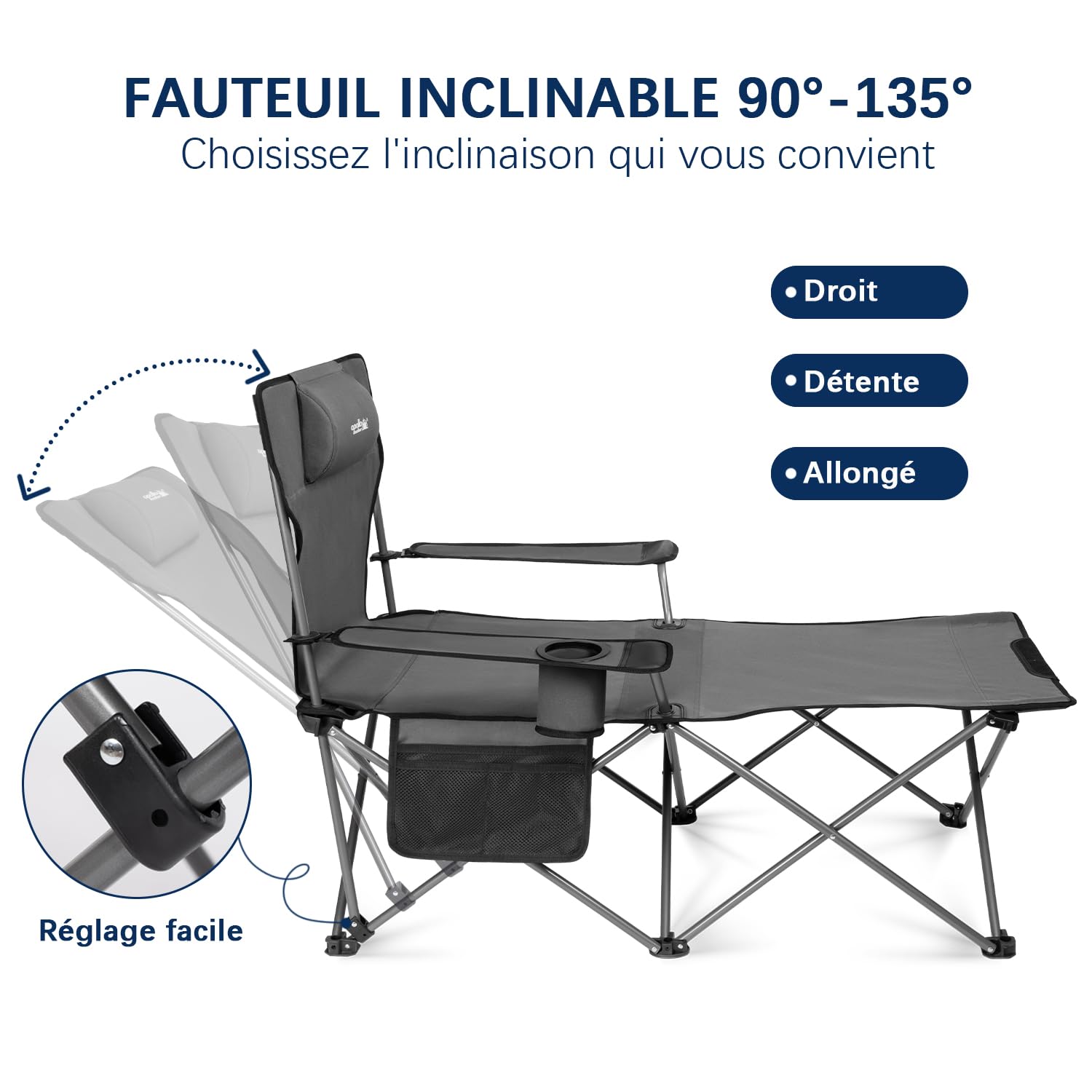 Apollo Walker Chaise de Camping Pliante en Plein Air - 120kg, Siège Portable avec Dossier Réglable, Porte-gobelet, Appui-tête et Sac - Gris