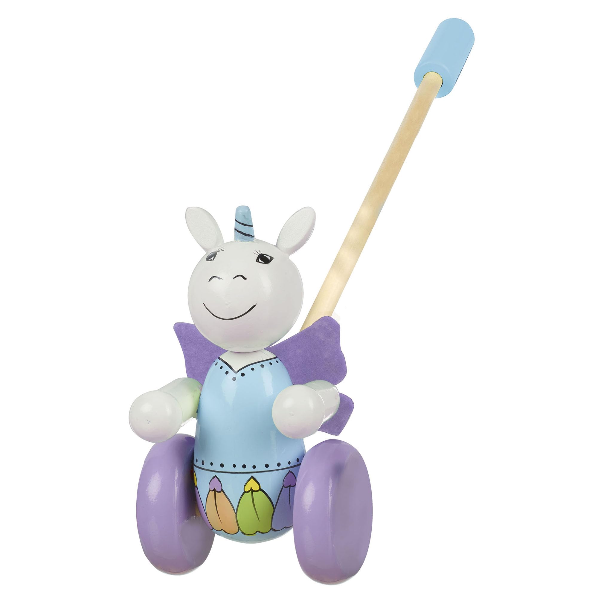 Orange Tree Toys: Push Along: Unicorn - Wooden Toy, Colorful Wheeled Character w/Handle, Push &amp; Pull, Encourage First Steps, Toddler &amp; Kids, Ages 1+