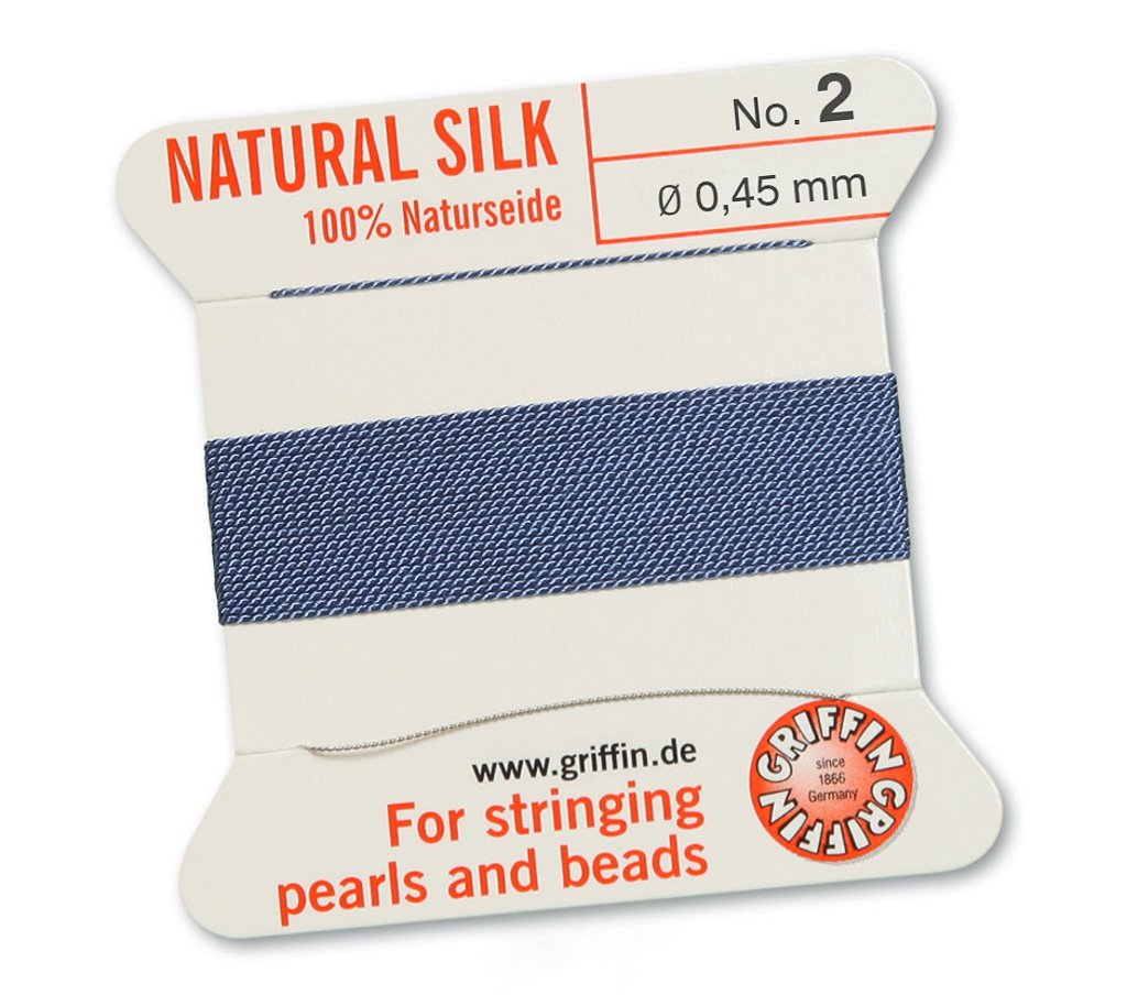 GRIFFIN 100% Natural Silk Beading Cord String Thread - Blue - 2 metres with one needle - Size 0.45mm