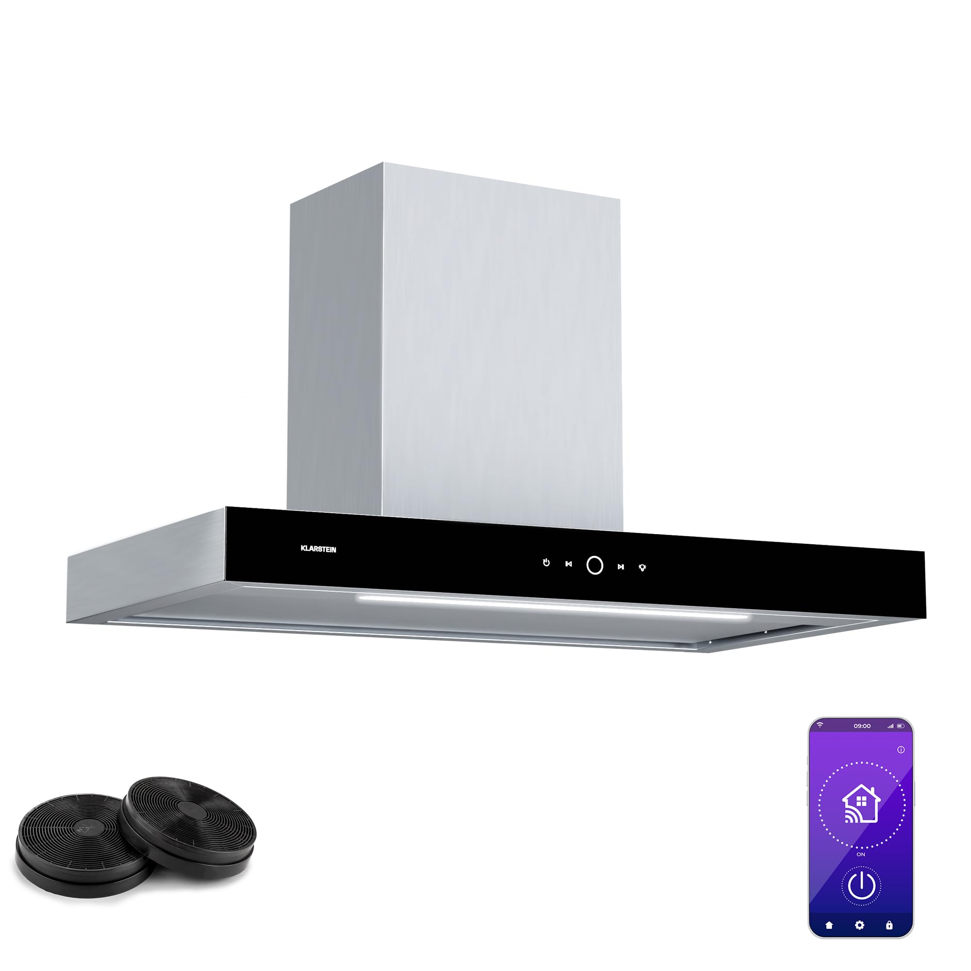 Klarstein SmartEdge Hotte Aspirante - 90 cm, Wi-Fi, 550 m³/h, CEE A+, LED, Silencieuse 34 dB, Tactile, Hotte Cuisine, Inox