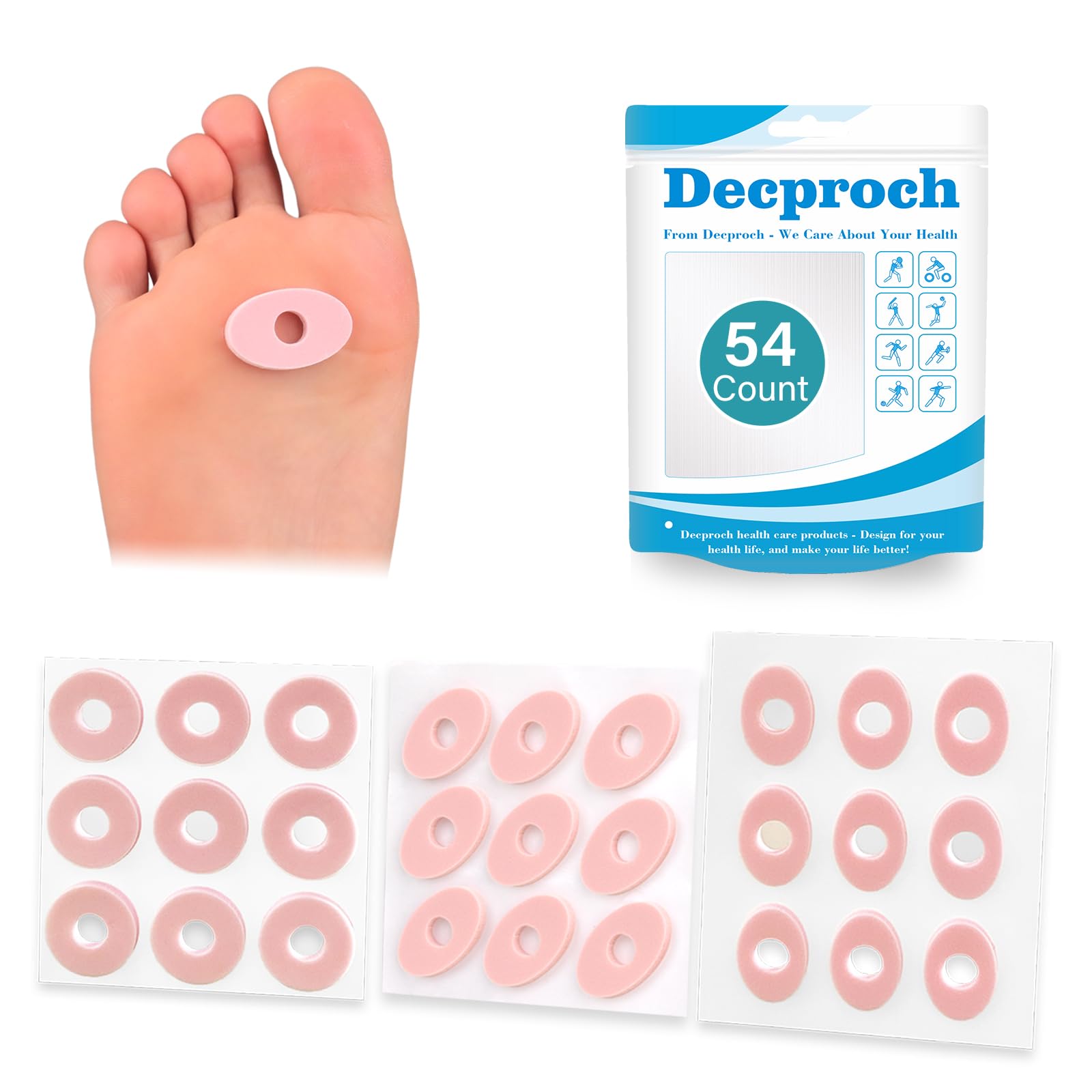 Corn Cushions Callus Pads, Corn Removers for Toes and Feet, Callus Cushions to Protect Sore Spots with Foam Padding, Pain Relief from Calluses, Corns, Blisters (Multi-Size, 54 Count)