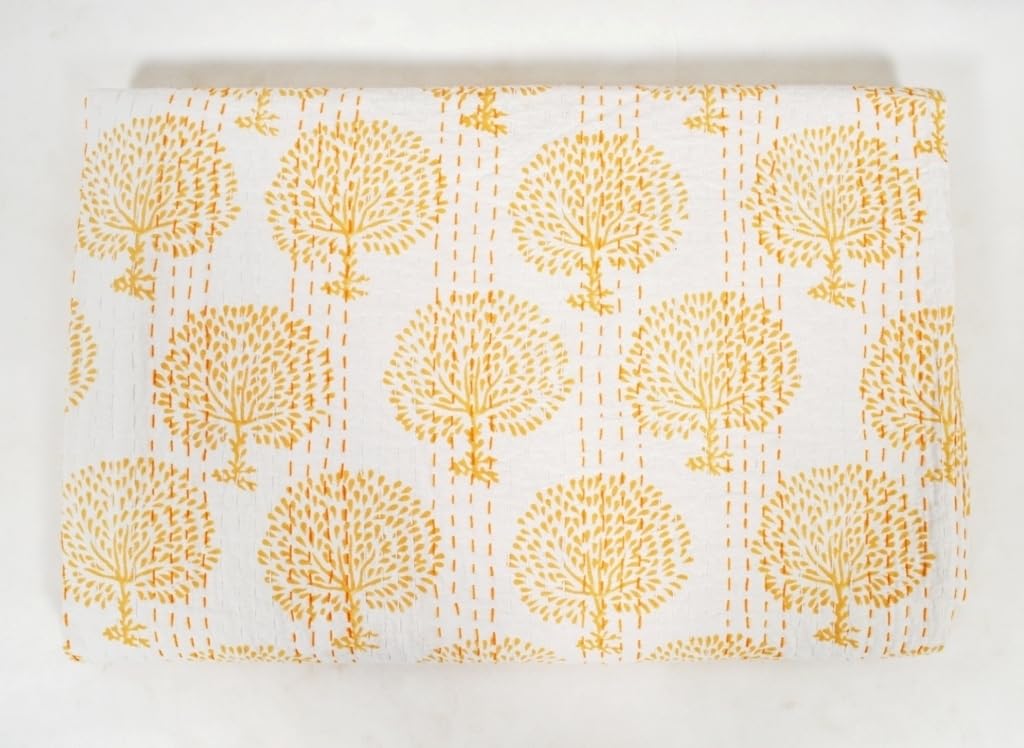 YUVANCRAFTS Couvre-lit Kantha en coton imprimé indien pour grand lit, 228,6 x 274,3 cm, jaune