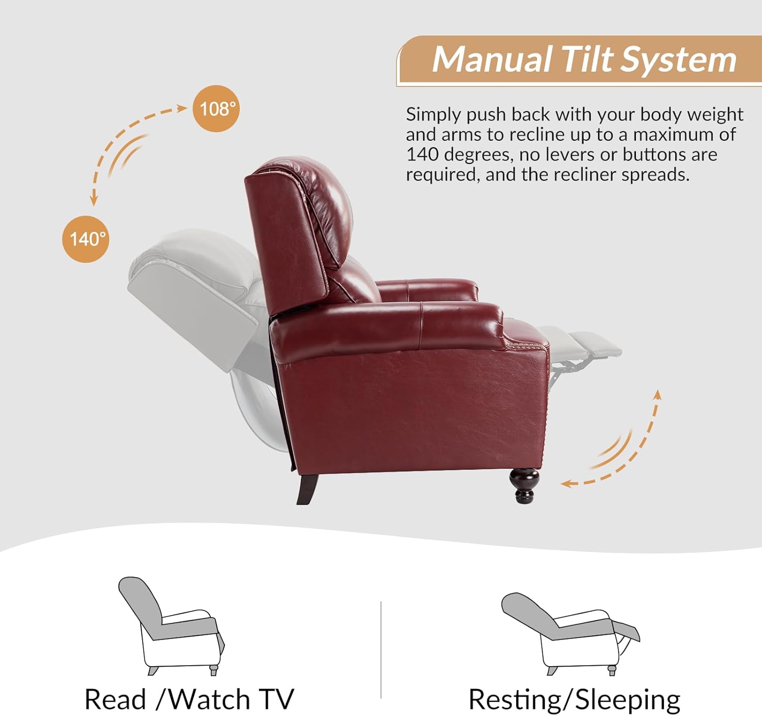 HULALA HOME Genuine Leather Wingback Recliner Chair with Thick Cushioned Seat, Traditional Push Back Leather Recliner with Nailhead Trim, Burgundy