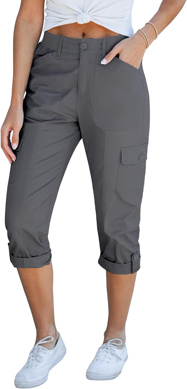 GRAPENT Cargo Capri Pants for Women High Waisted Relaxed Fit Elastic Knit Waist Casual Capris Trousers Cropped Pants