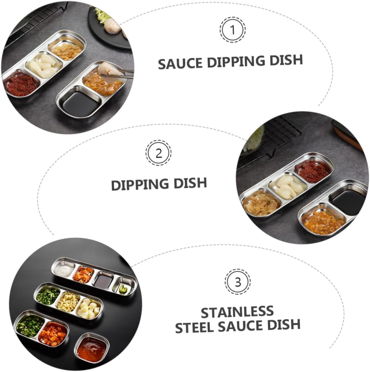 4pcs Stainless Steel Divided Dipping Plates Home Seasoning Dish for Sauces Vinegar and Condiments Compact Convenient Dipping Bowls for Restaurants and Catering