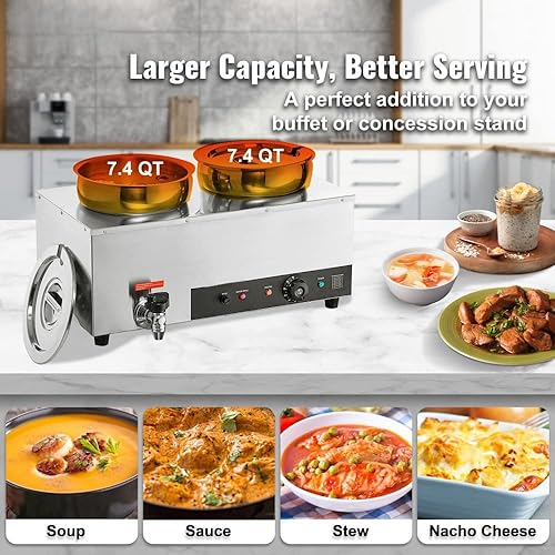 Miniatura 2 de Calentador de sopa doble olla comercial Bain Marie, botón anti-quemadura y reinicio en seco, acero inoxidable 1200W, estación de buffet de