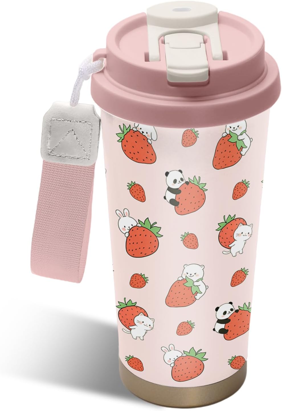 Strawberry Stainless Steel 2-in-1 Lid Coffee Tumbler 18 oz Cute Strawberries Print Insulated Travel Coffee Mug Strawberry Gifts for Women Girls Birthday Christmas