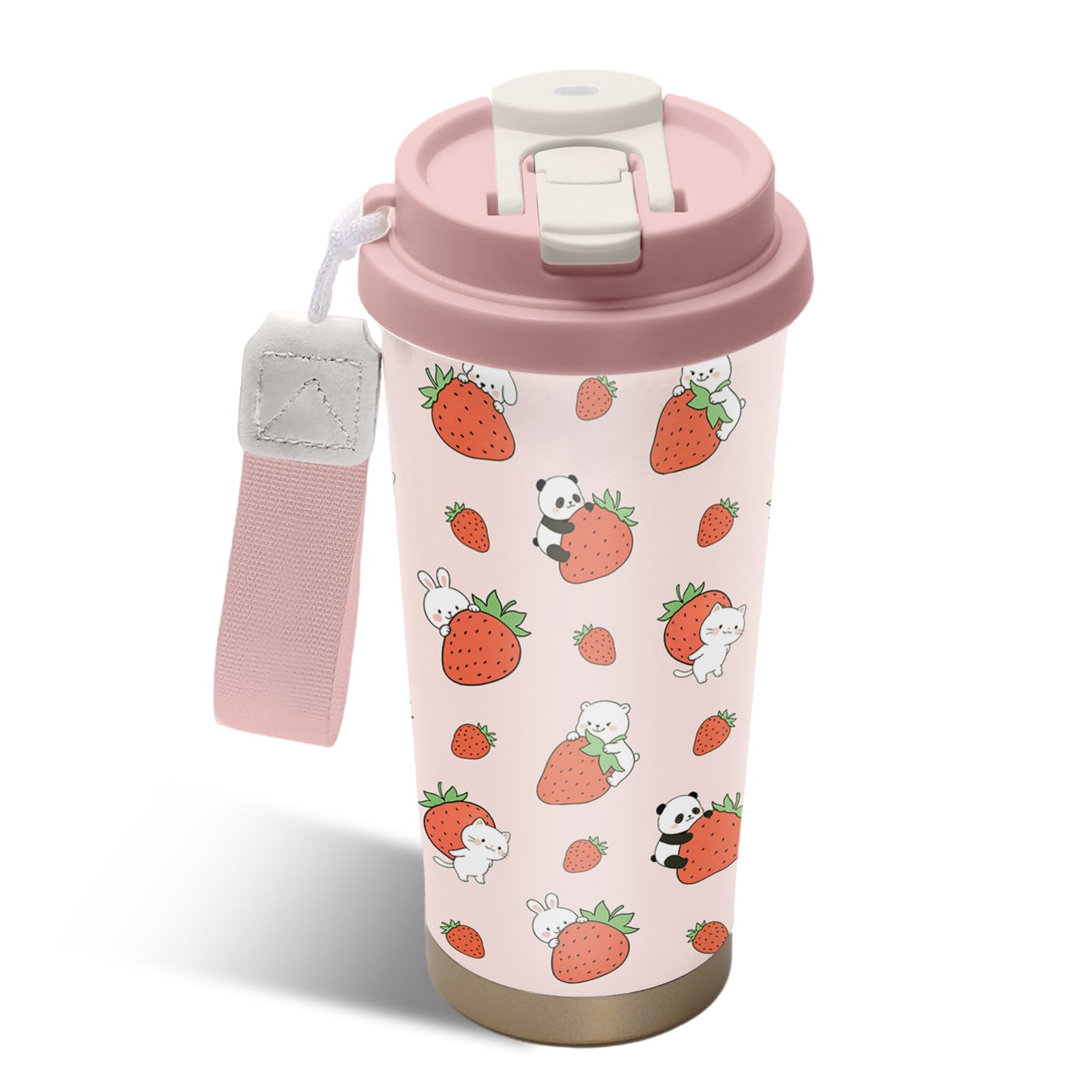 NEIUJADK Strawberry Stainless Steel 2-in-1 Lid Coffee Tumbler 18 oz Cute Strawberries Print Insulated Travel Coffee Mug Strawberry Themed Gifts for Women Girls Birthday Christmas