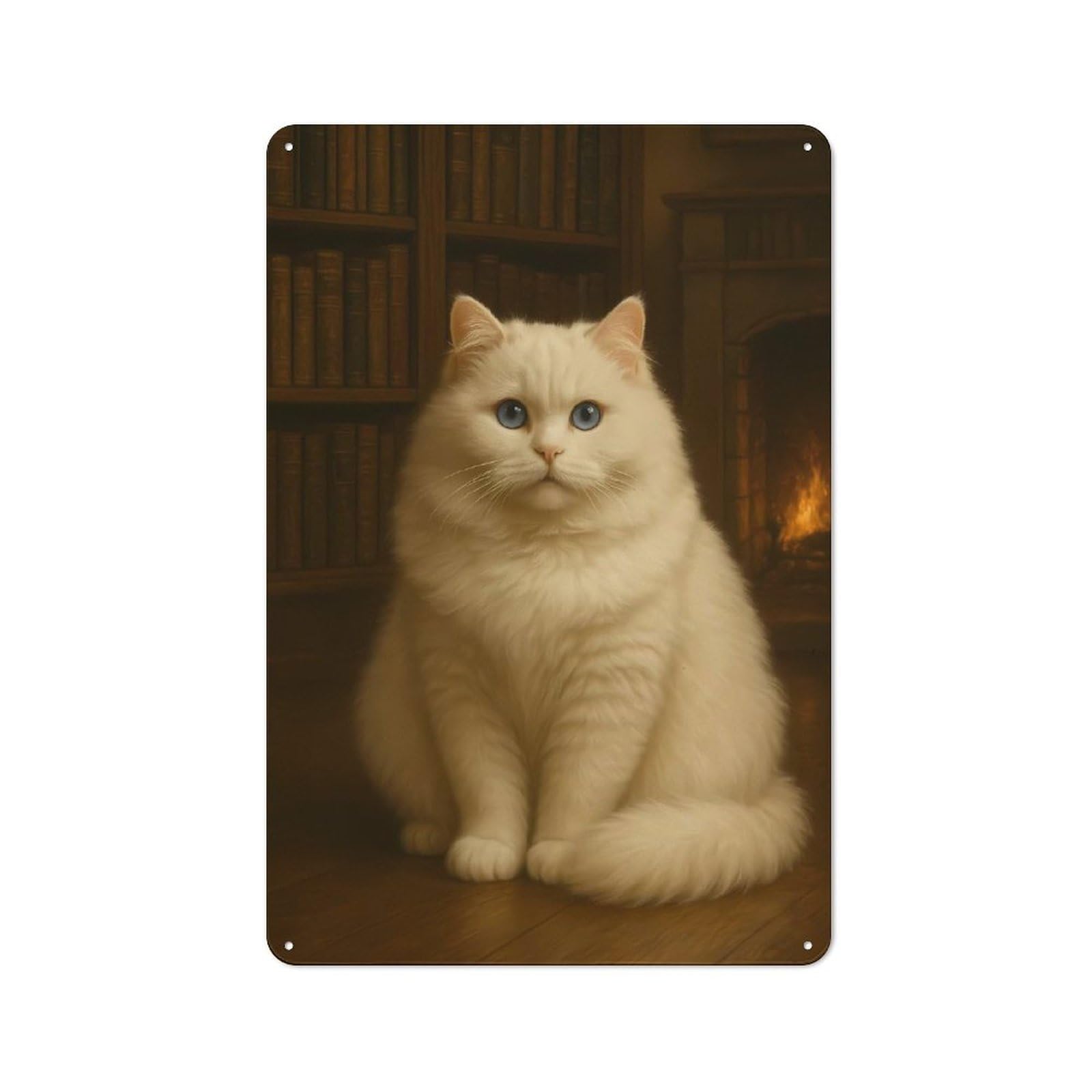 Junmoney Elegant White Cat By Fireplace Tin Sign 30X20cm For Pub Or Café, Retro-Style Wall Decor, For Garage, Workshop And Man Cave Decoration