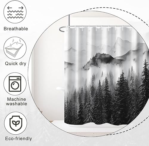 Miniatura 6 de Cortina de ducha de montaña en blanco y negro, juego de cortina de ducha abstracta de bosque brumoso para hombre, impermeable, paisaje natural,
