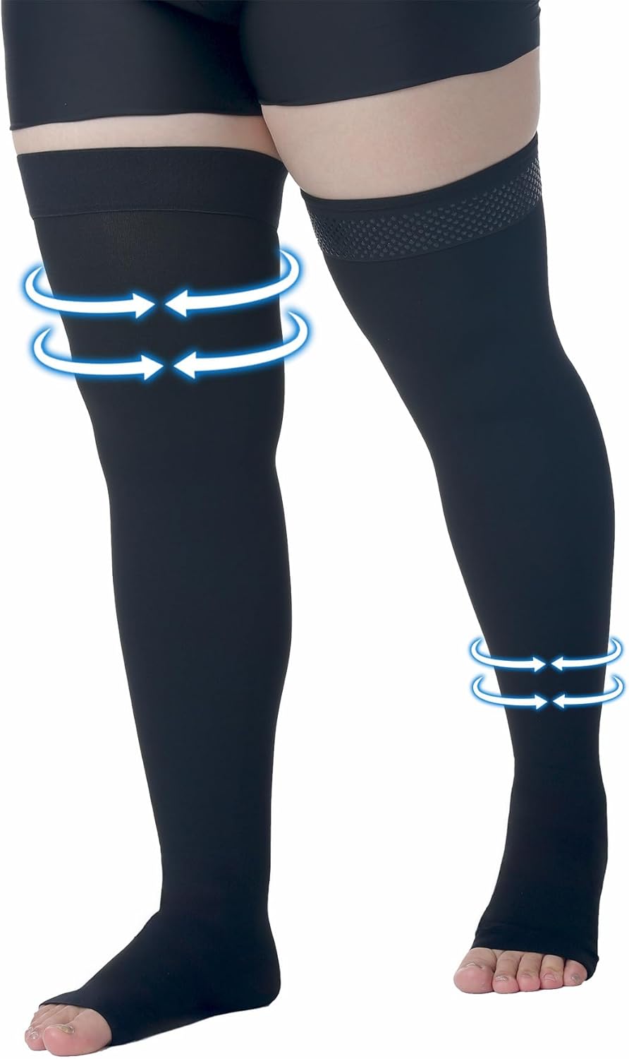 Plus Size 4XL Thigh High Compression Stockings Open Toe, Compression Socks for Women Men, 15-20 mmHg Graduated Compression Support Hose, Best for Varicose Veins, Edema, Flight, DVT, Swelling, Black