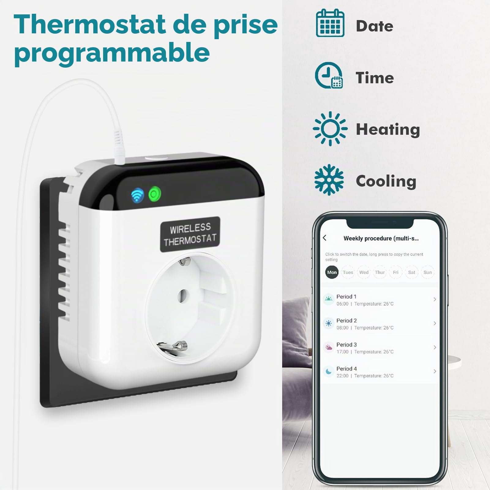 Jadeshay Prise Thermostat Chauffage Prise Thermostat avec sonde Thermostat connecté Compatible avec Smart Life APP Télécommande avec Chauffage Refroidissement Mode