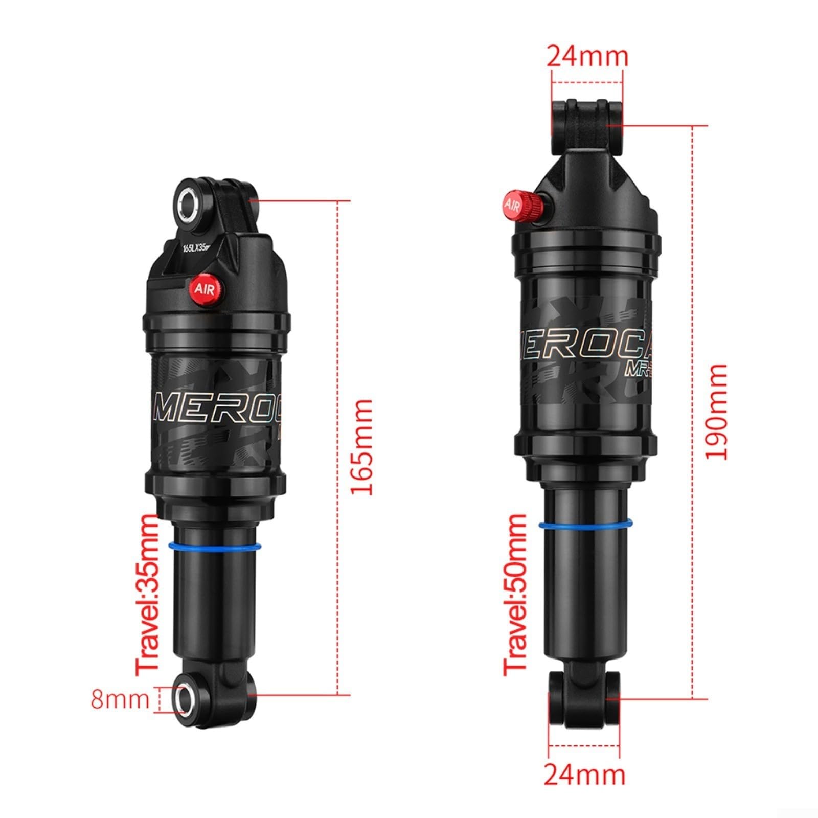 Amortisseur arrière pour vélo 125/150/165/190 mm Pression d'air réglable avec doublure 24 mm (190 mm x 50 mm)