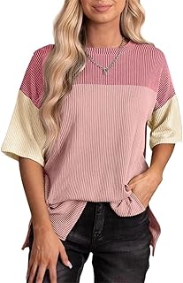Camiseta Mujer Manga Corta Camiseta Acanalado Colores Patchwork Cuello Redondo Camiseta Mujer Camiseta Casual Básica Túnica Mujer Largo Camiseta Verano Primavera