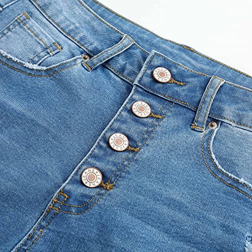 Image of THUNDER STAR Women Mid Rise Ripped Stretchy Jeans Shorts Frayed Raw Hem Casual Denim Shorts