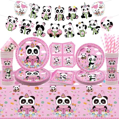 Obussgar Panda decoração de festa de aniversário - acessórios para festa panda incluindo Panda, pratos, canecas, toalhas de mesa para meninas aniversário festa (A) (A)